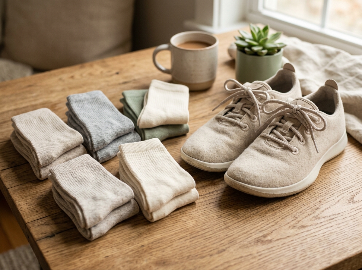 Medias claras y suaves sin costuras colocadas junto a zapatos cómodos sobre una mesa de madera