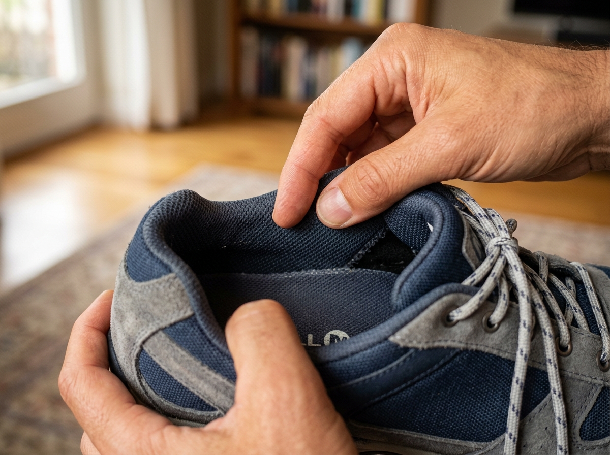 Manos revisando el interior de un zapato antes de ponérselo